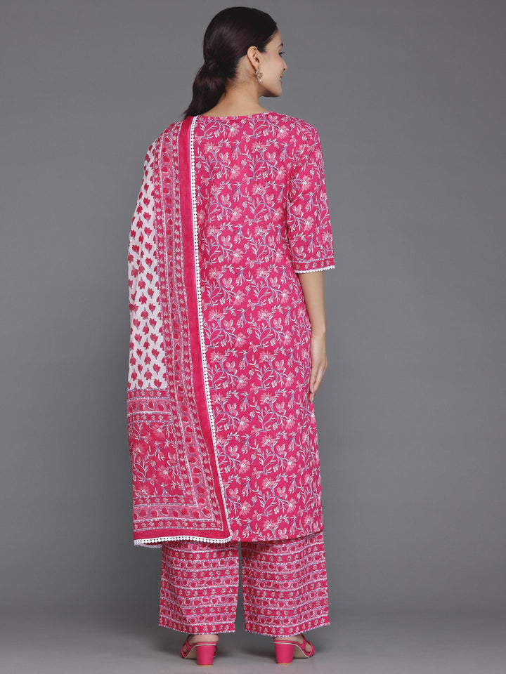 Pink Printed Cotton Straight Suit With Dupatta - Libas