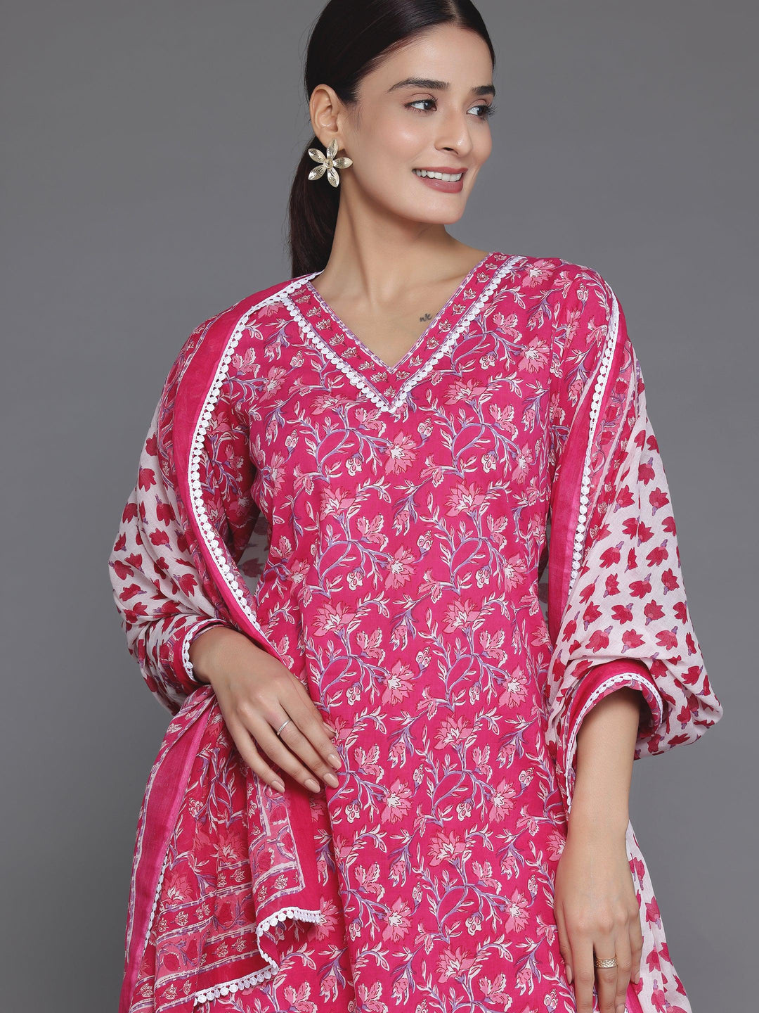 Pink Printed Cotton Straight Suit With Dupatta - Libas