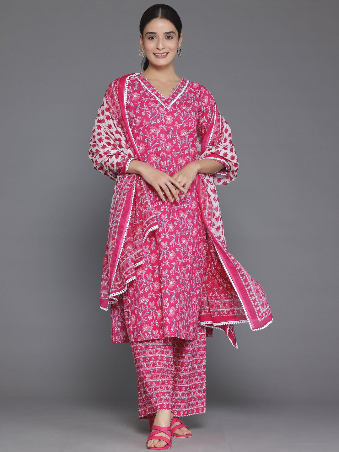 Pink Printed Cotton Straight Suit With Dupatta - Libas 