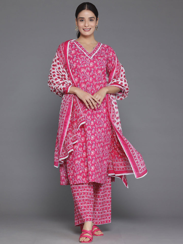 Pink Printed Cotton Straight Suit With Dupatta - Libas