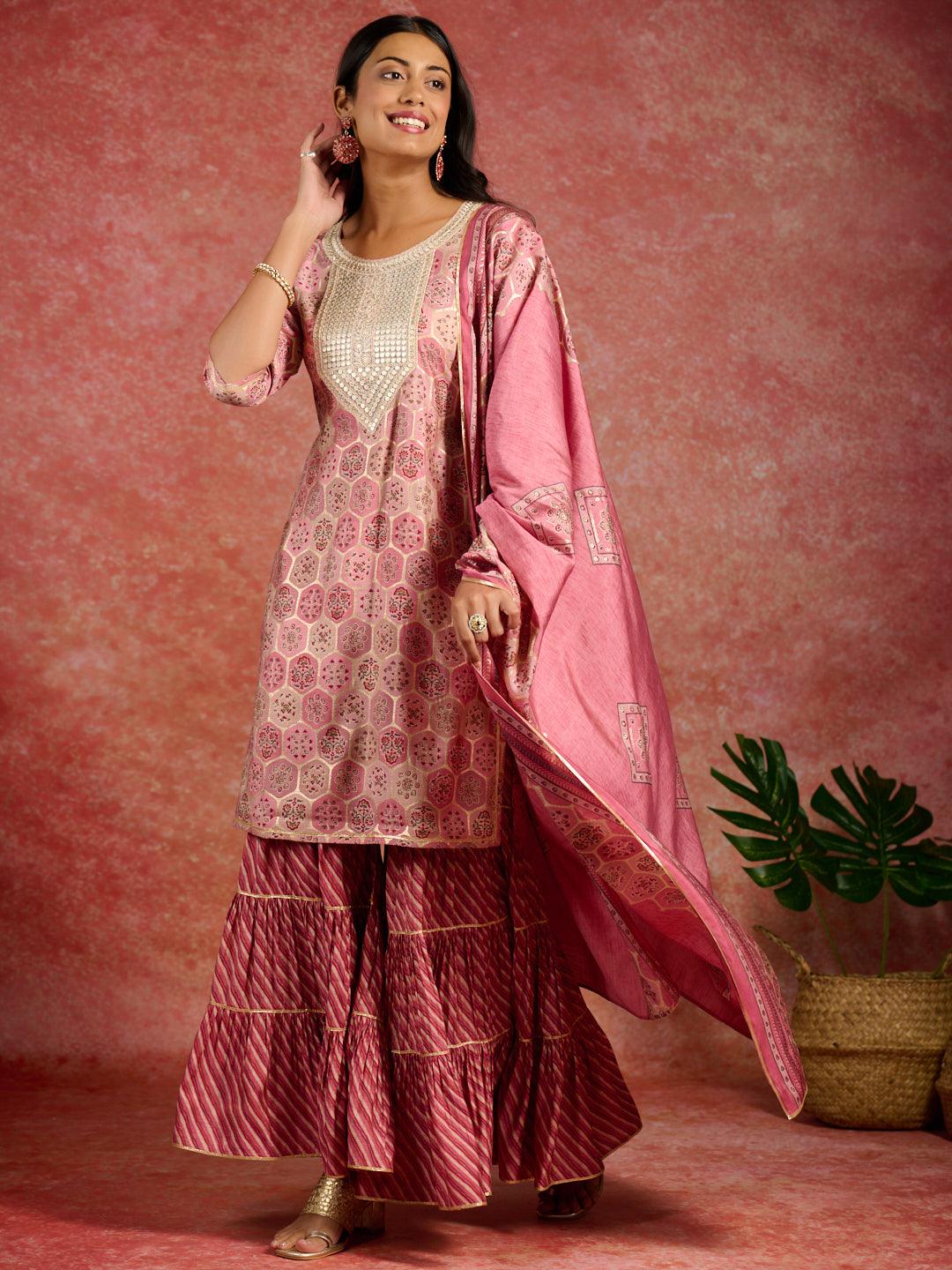 Pink Yoke Design Silk Blend Straight Suit With Dupatta - Libas 