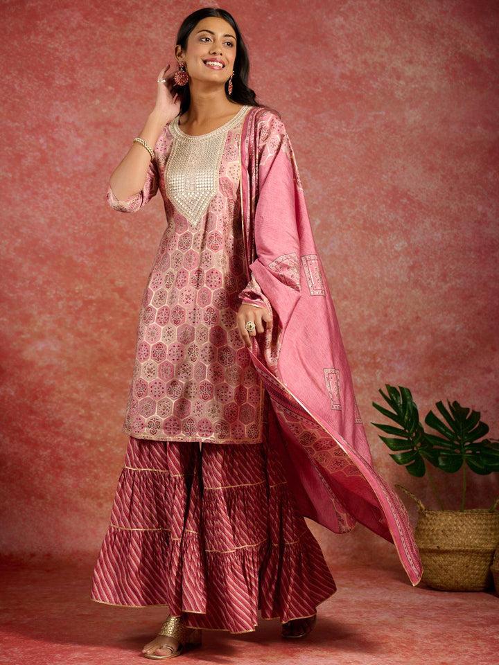 Pink Yoke Design Silk Blend Straight Suit With Dupatta - Libas