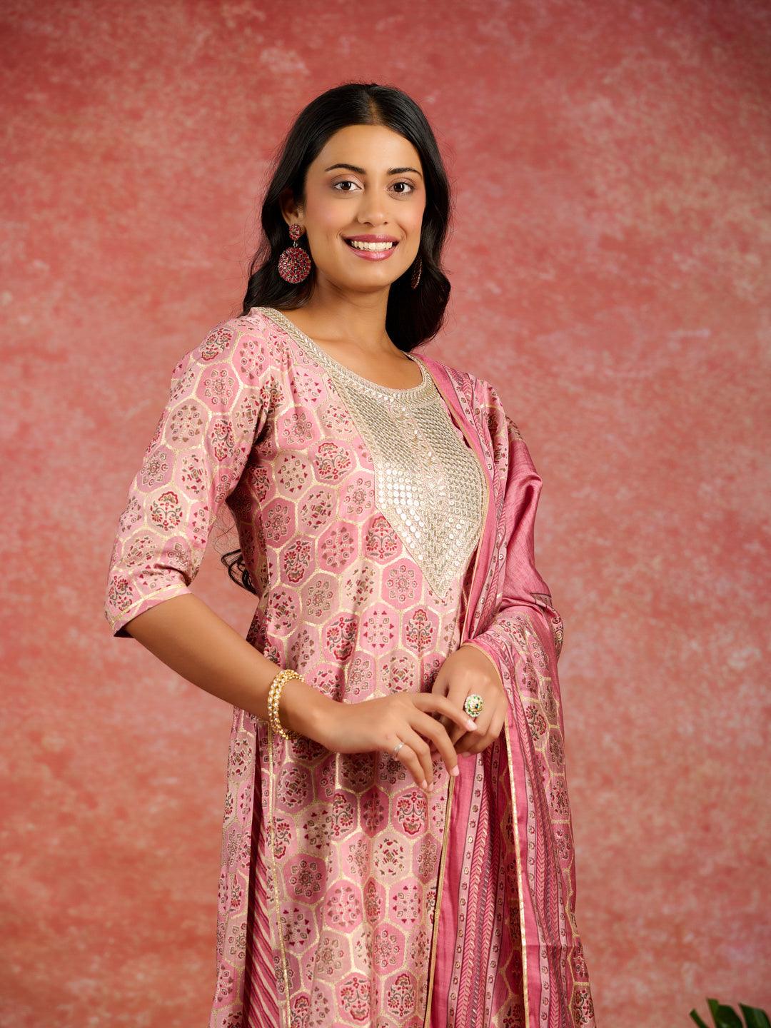 Pink Yoke Design Silk Blend Straight Suit With Dupatta - Libas 