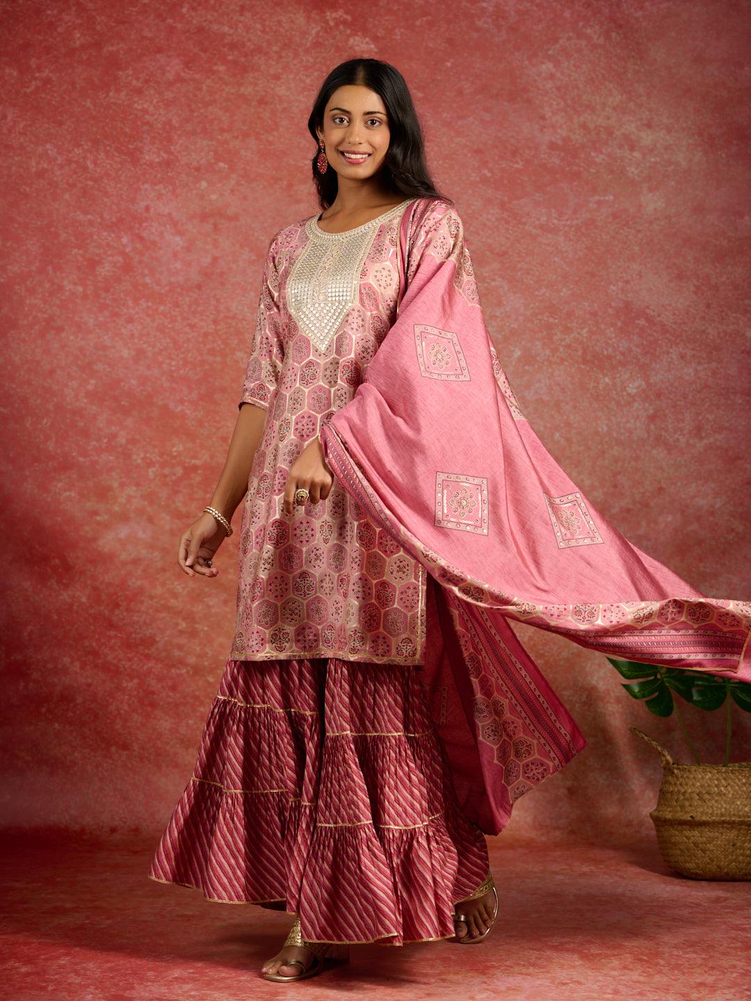 Pink Yoke Design Silk Blend Straight Suit With Dupatta - Libas 