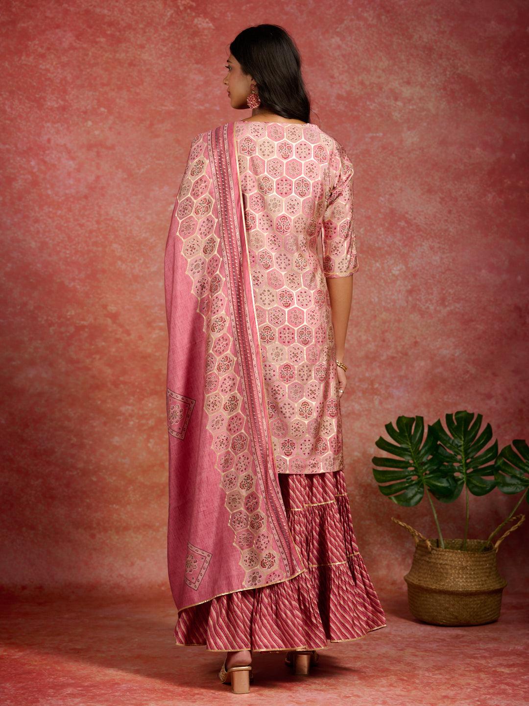 Pink Yoke Design Silk Blend Straight Suit With Dupatta - Libas 