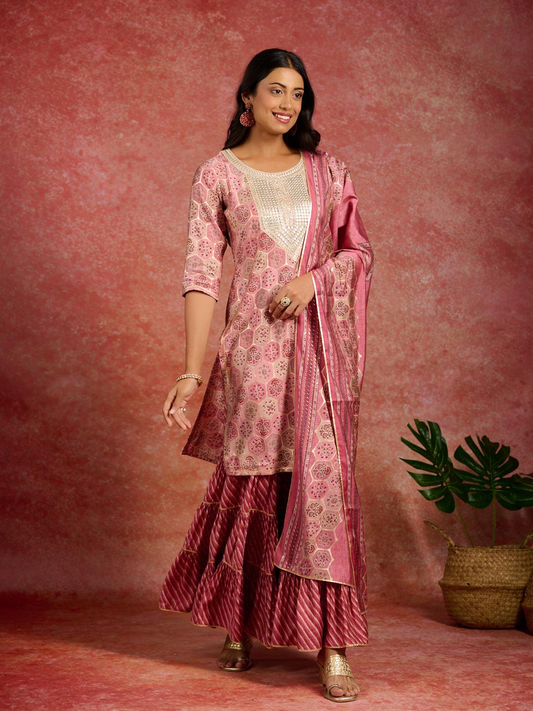 Pink Yoke Design Silk Blend Straight Suit With Dupatta - Libas 