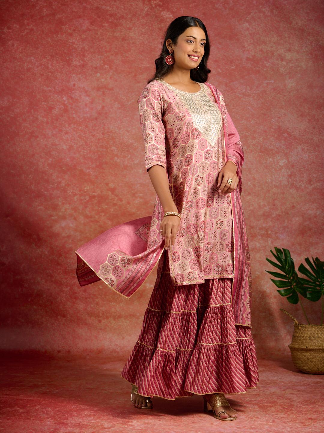 Pink Yoke Design Silk Blend Straight Suit With Dupatta - Libas