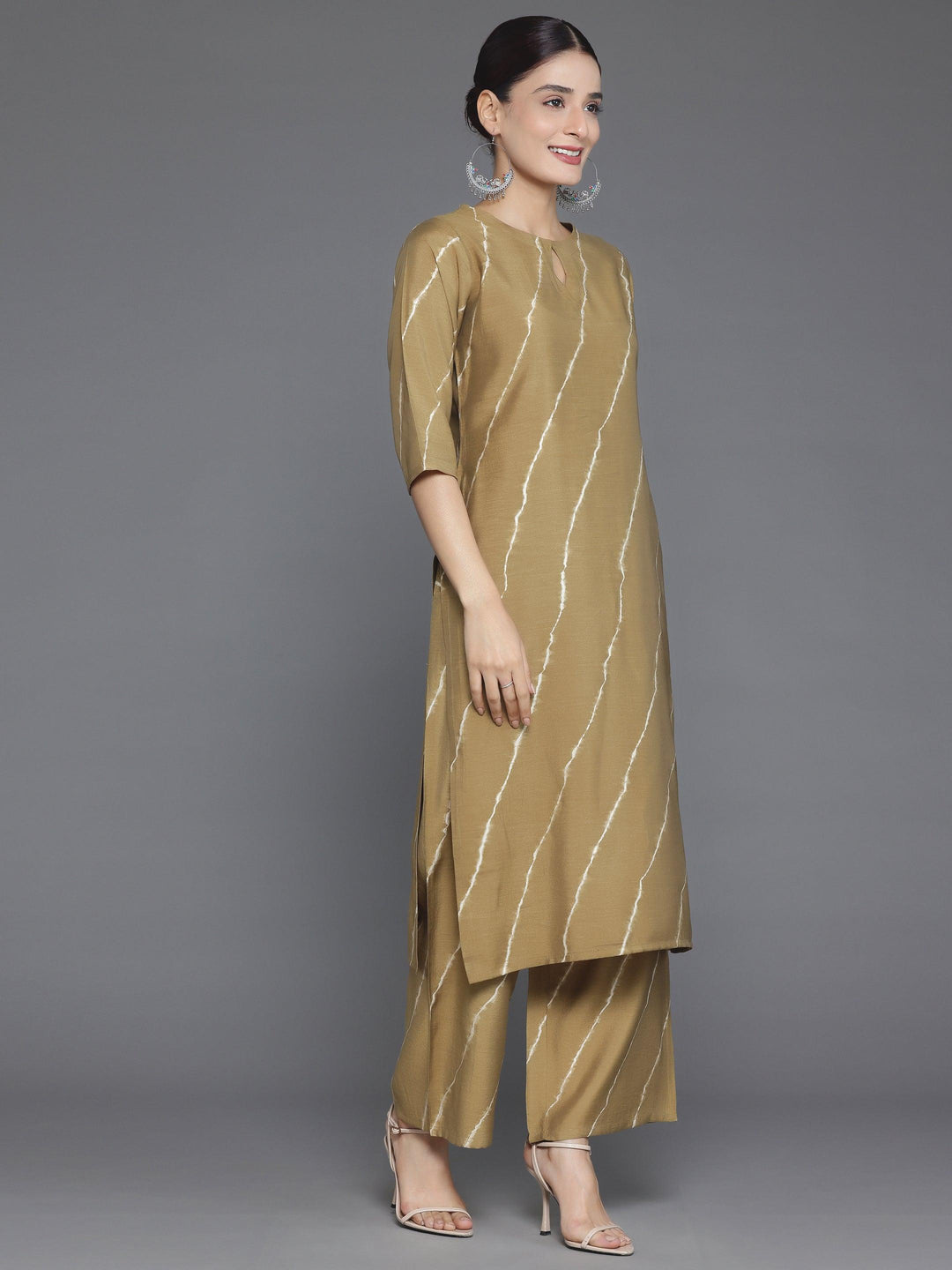 Olive Printed Silk Blend Straight Suit With Dupatta - Libas 