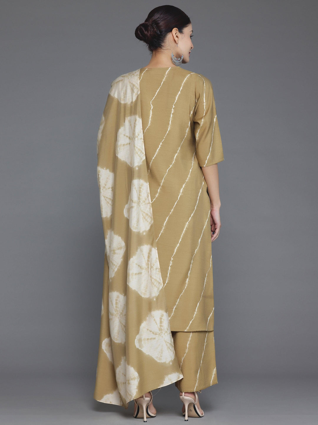 Olive Printed Silk Blend Straight Suit With Dupatta - Libas 