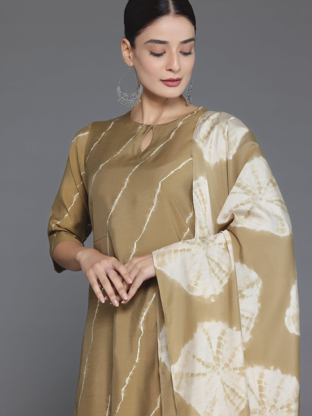 Olive Printed Silk Blend Straight Suit With Dupatta - Libas