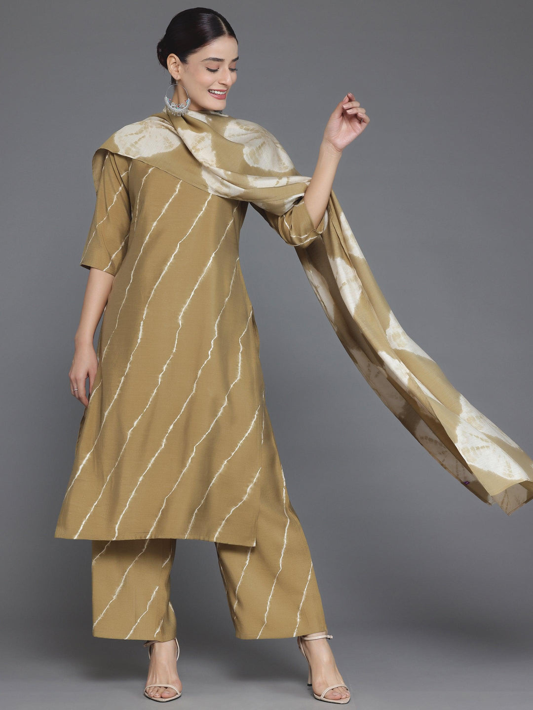 Olive Printed Silk Blend Straight Suit With Dupatta - Libas 