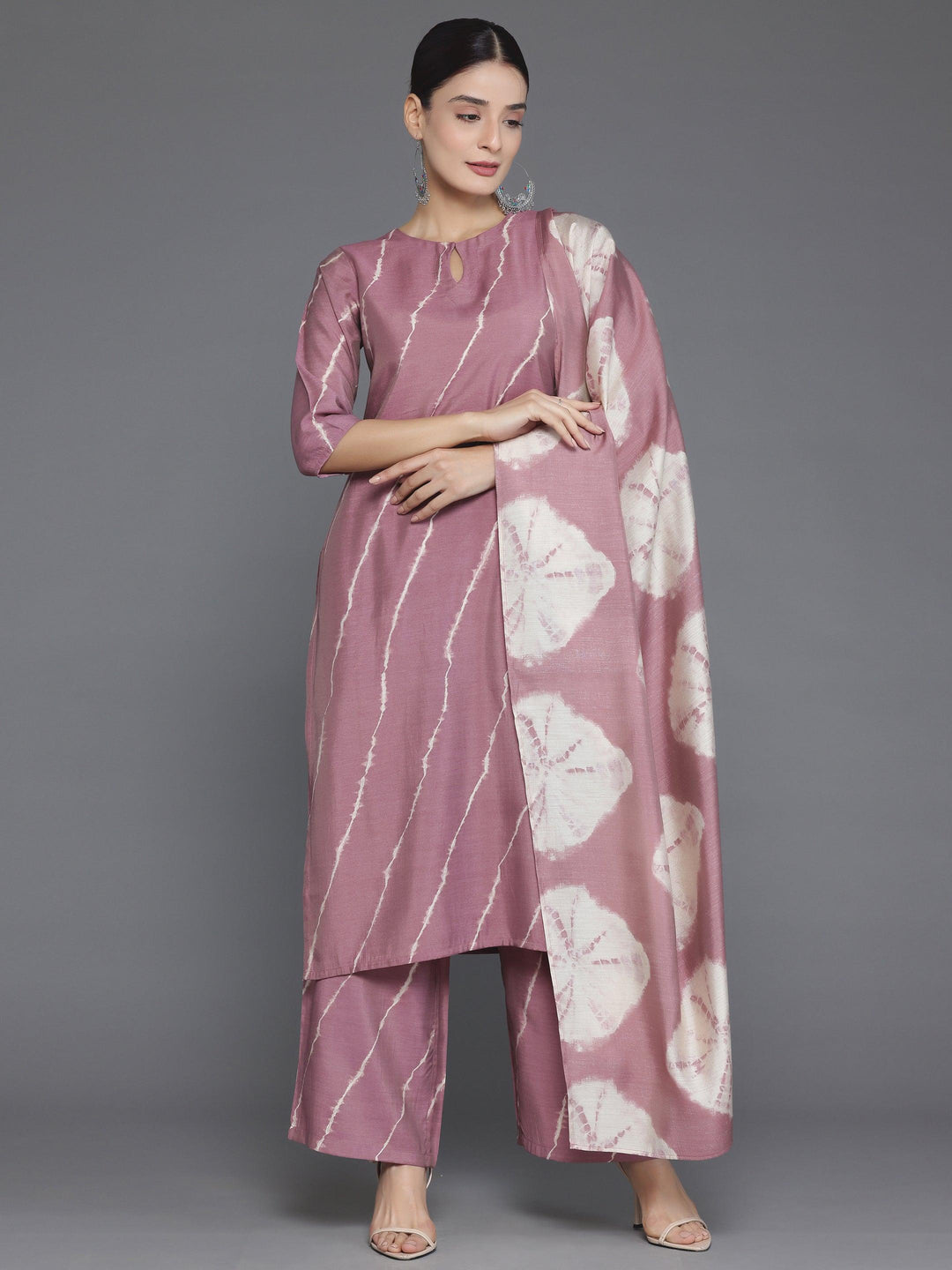 Mauve Printed Silk Blend Straight Suit With Dupatta - Libas 