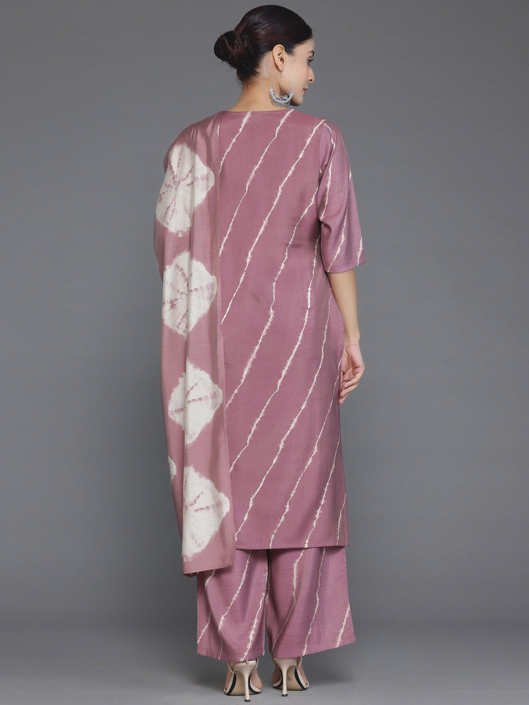 Mauve Printed Silk Blend Straight Suit With Dupatta - Libas