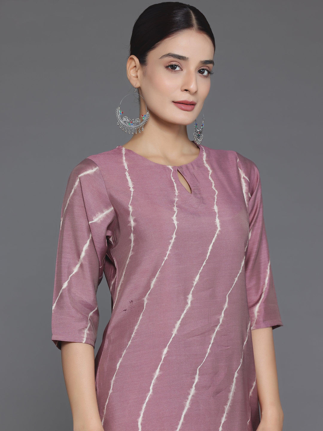 Mauve Printed Silk Blend Straight Suit With Dupatta - Libas 