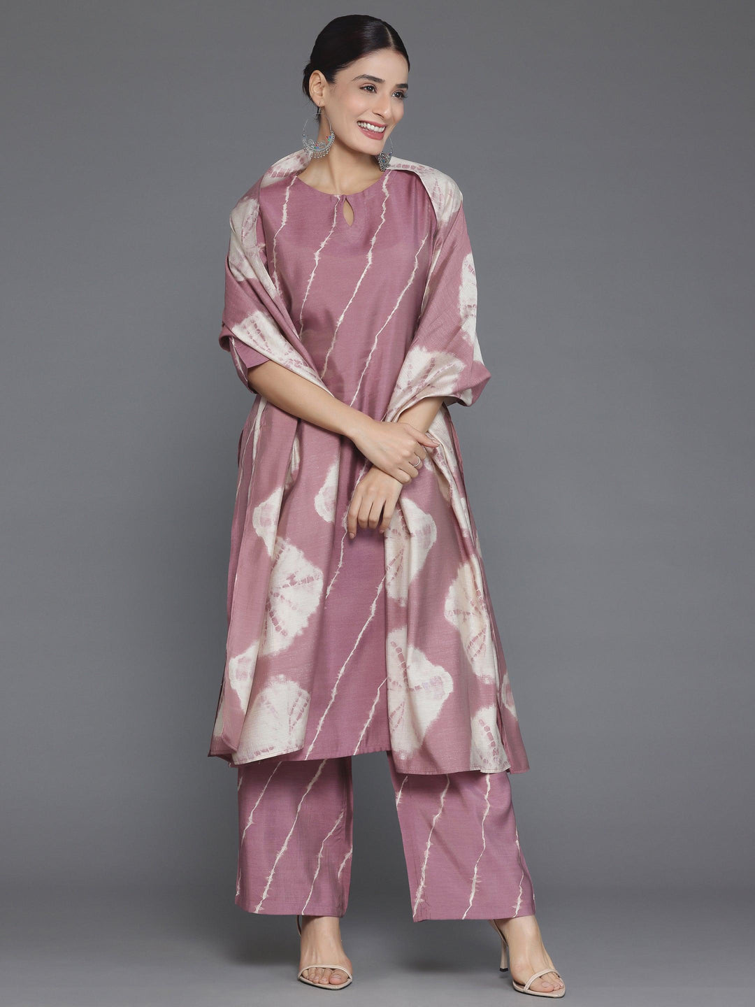 Mauve Printed Silk Blend Straight Suit With Dupatta - Libas 