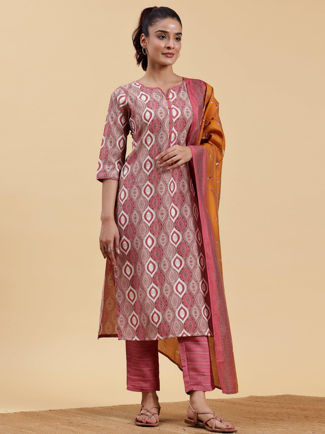 Mauve Printed Silk Blend Straight Suit With Dupatta - Libas