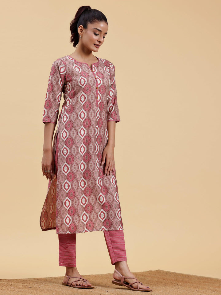 Mauve Printed Silk Blend Straight Suit With Dupatta - Libas