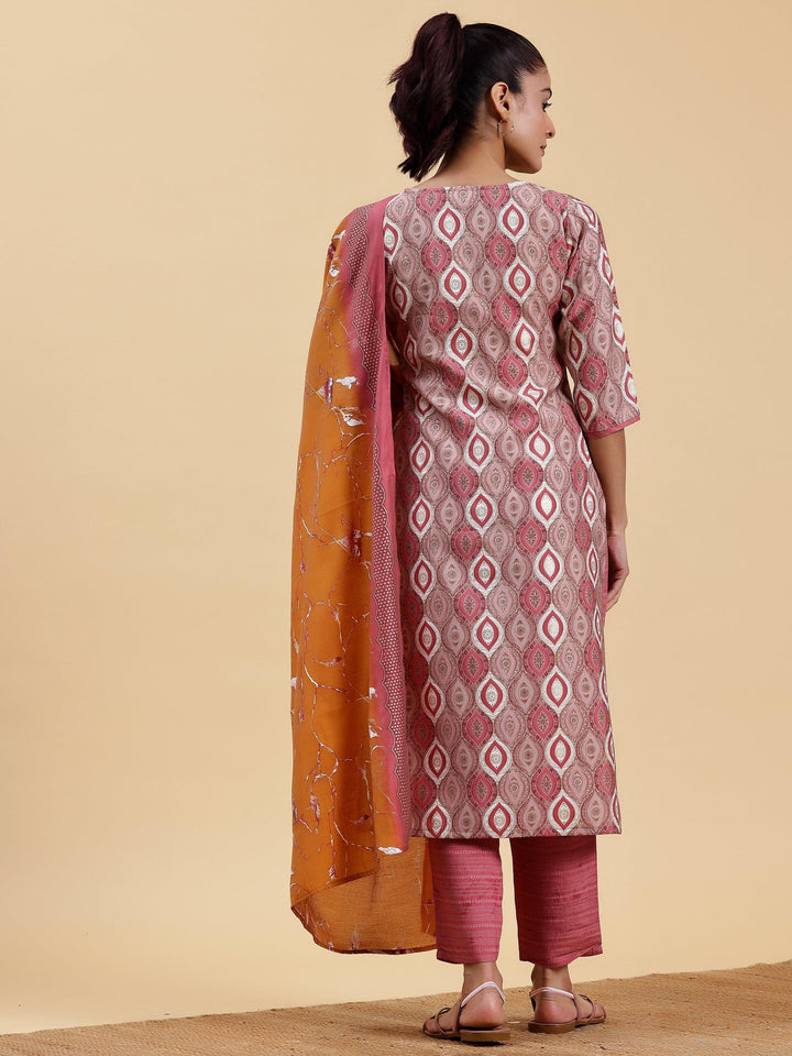 Mauve Printed Silk Blend Straight Suit With Dupatta - Libas