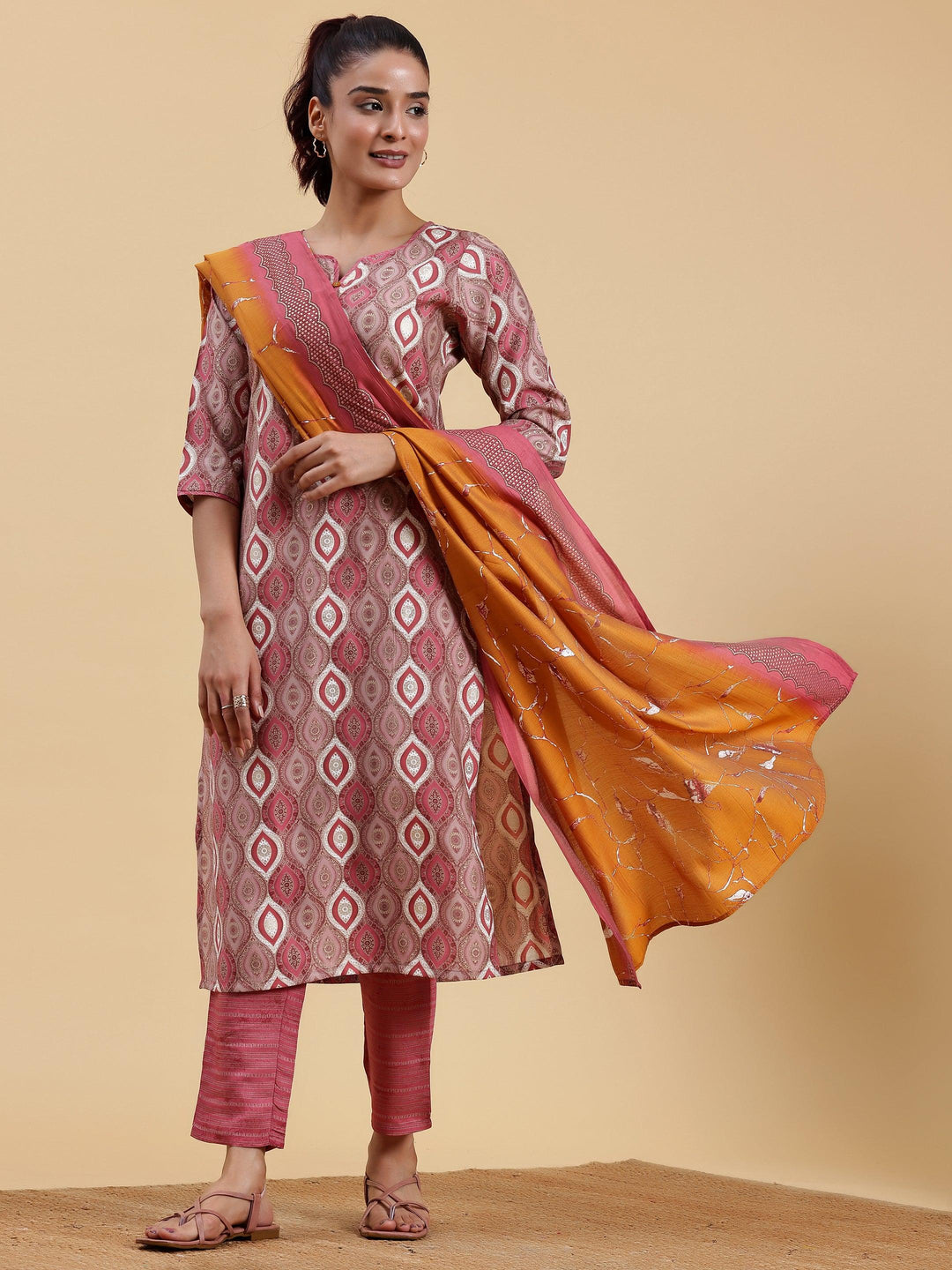 Mauve Printed Silk Blend Straight Suit With Dupatta - Libas