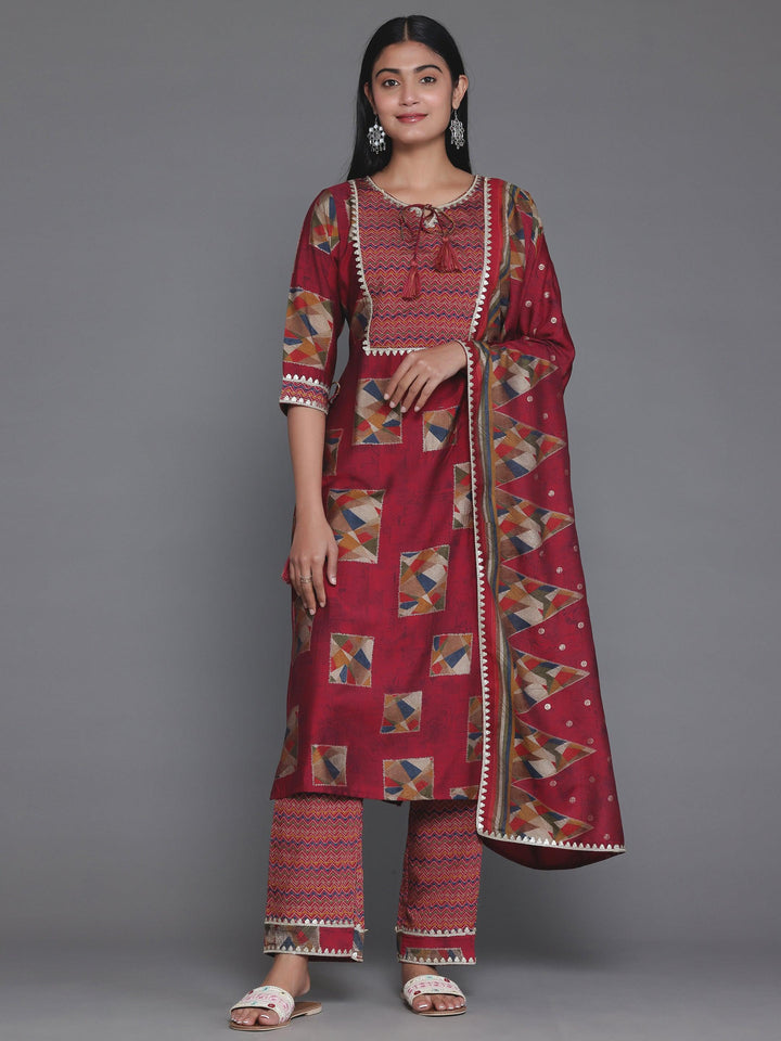 Maroon Printed Silk Blend Straight Suit With Dupatta - Libas