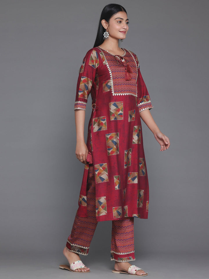 Maroon Printed Silk Blend Straight Suit With Dupatta - Libas