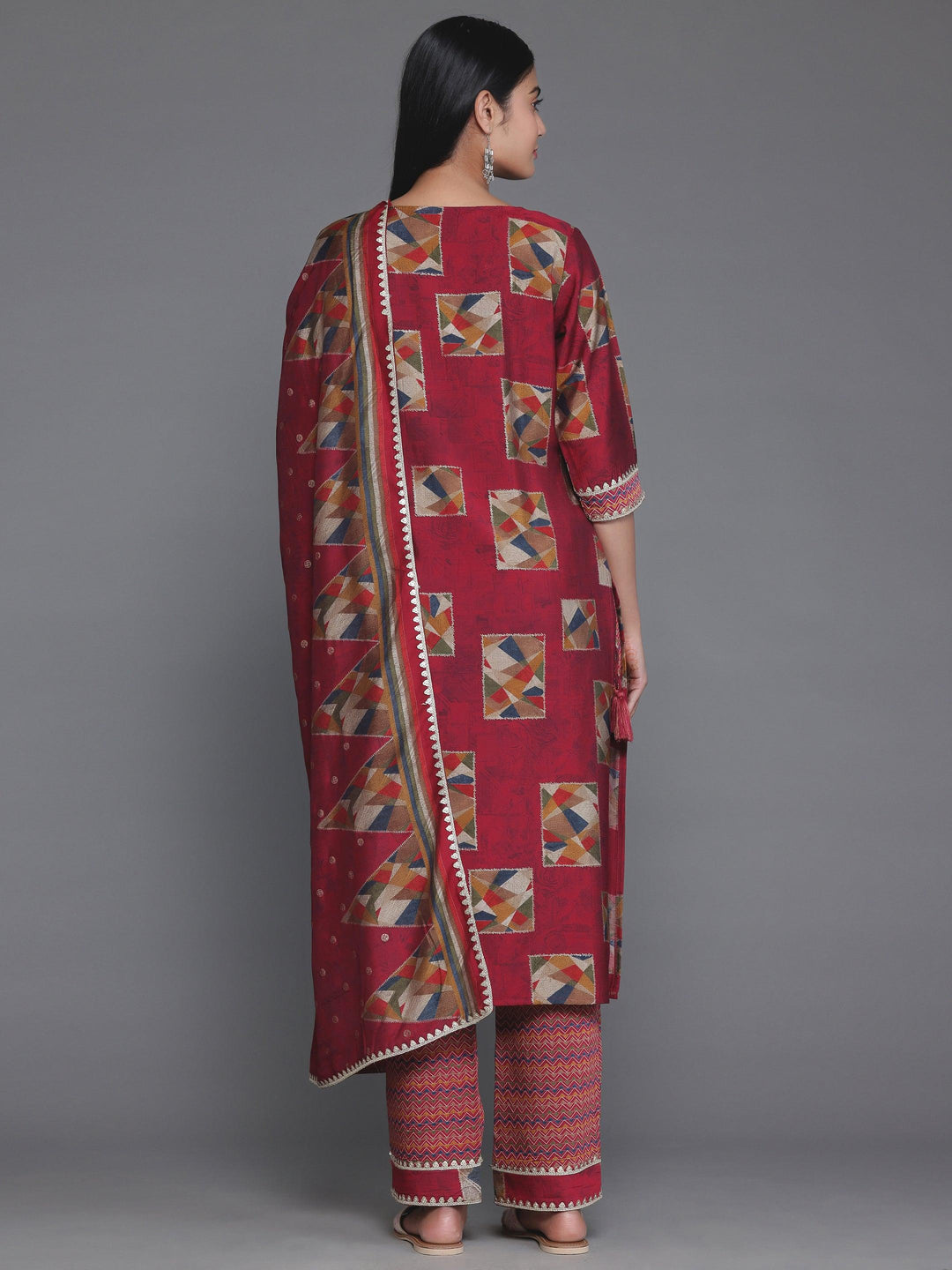 Maroon Printed Silk Blend Straight Suit With Dupatta - Libas