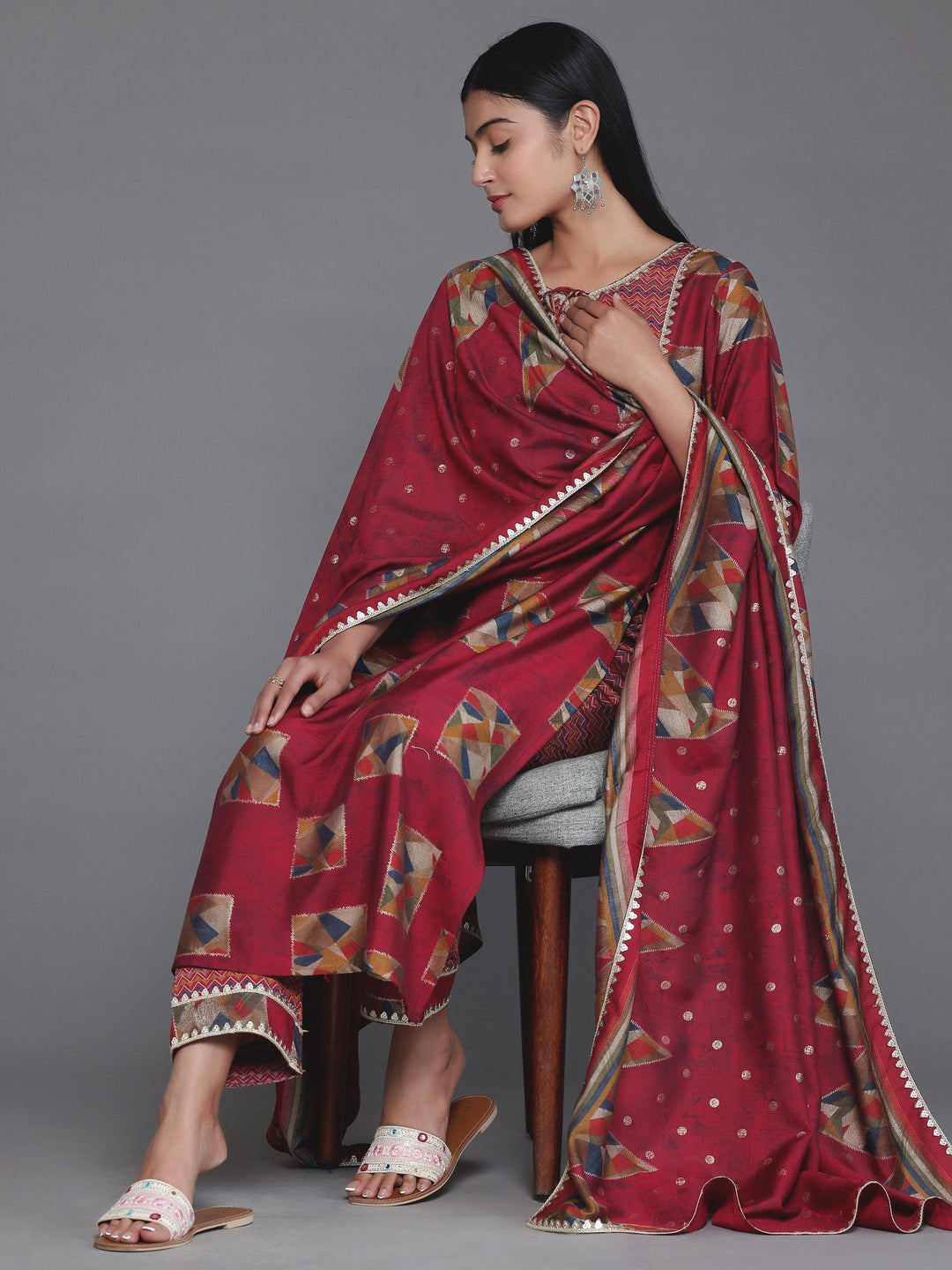 Maroon Printed Silk Blend Straight Suit With Dupatta - Libas