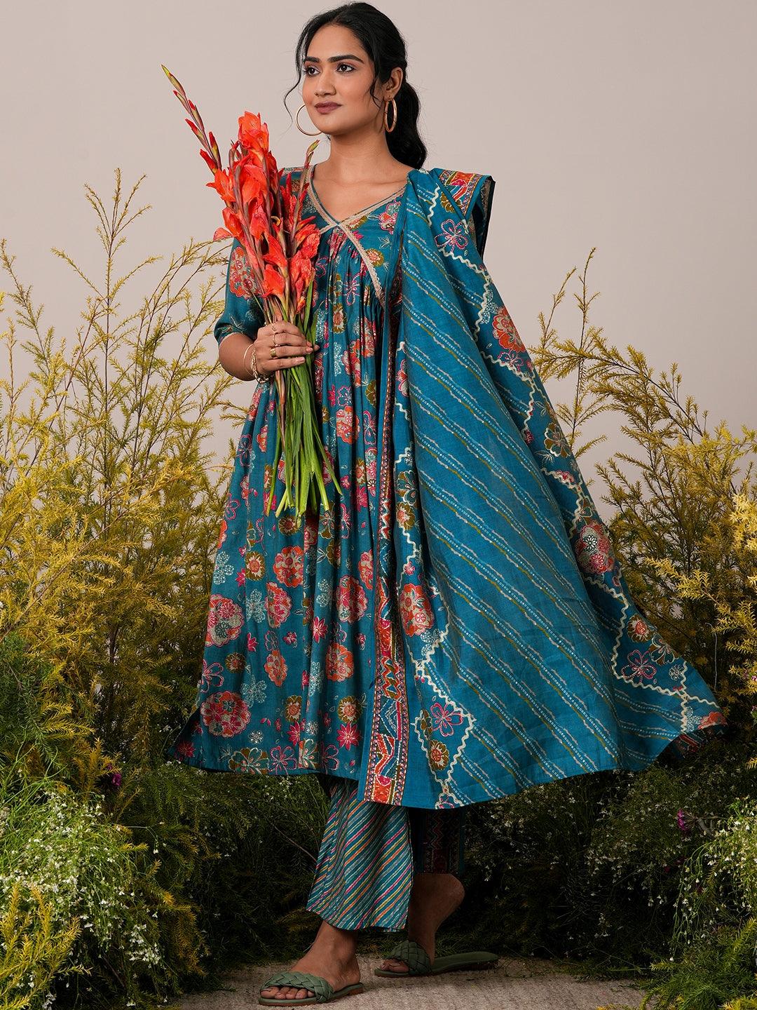 Blue Printed Silk Blend A-Line Kurta With Palazzos & Dupatta - Libas