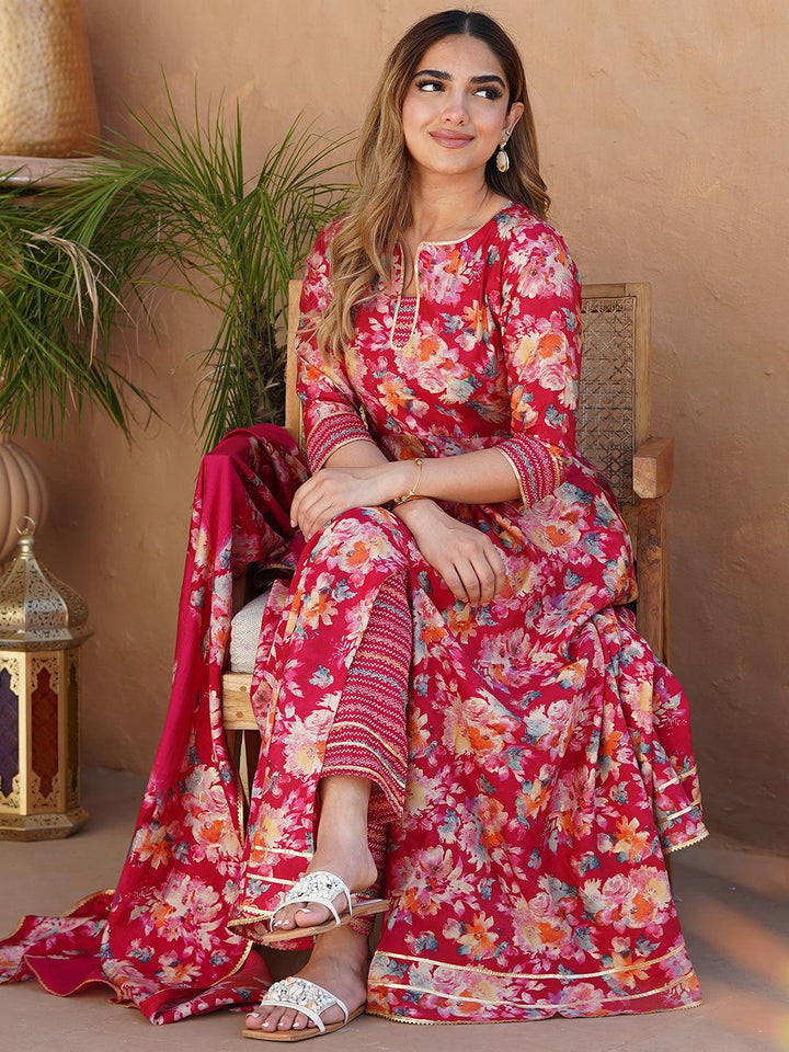 Pink Printed Silk Blend Anarkali Suit With Dupatta - Libas