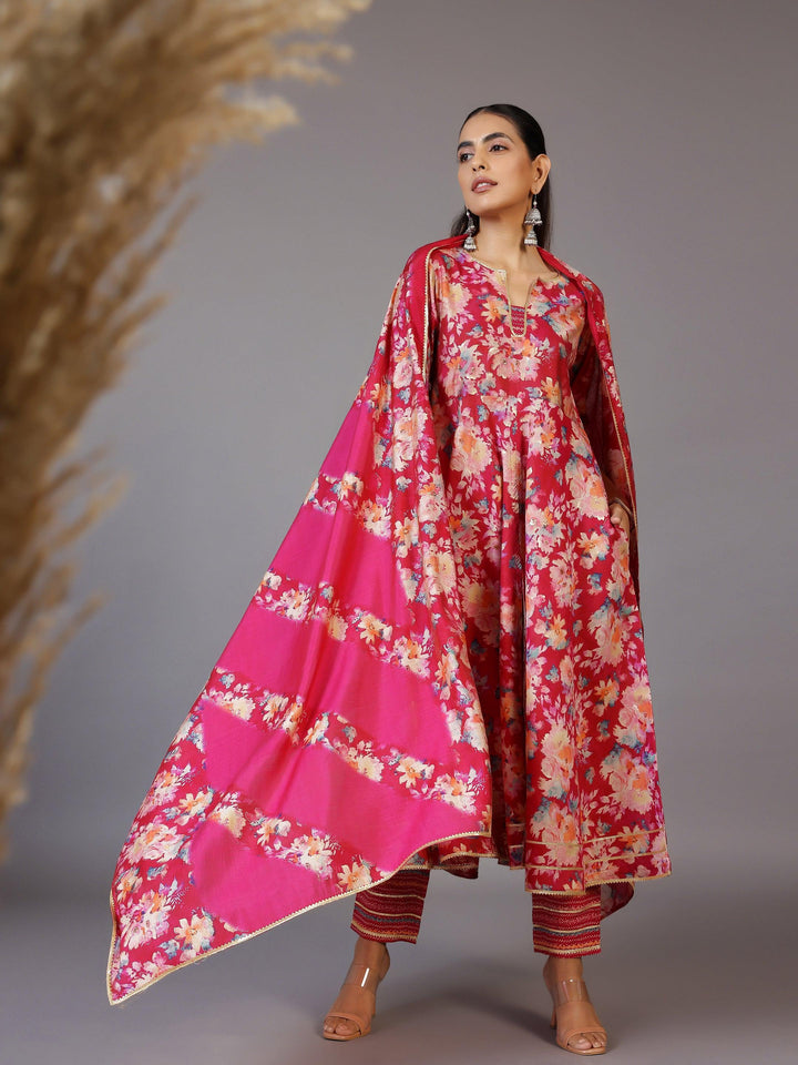 Pink Printed Silk Blend Anarkali Suit With Dupatta - Libas