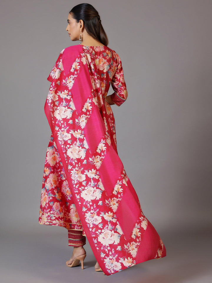 Pink Printed Silk Blend Anarkali Suit With Dupatta - Libas