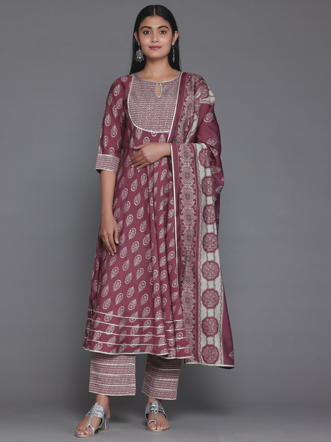 Mauve Printed Silk Blend Anarkali Suit With Dupatta - Libas 