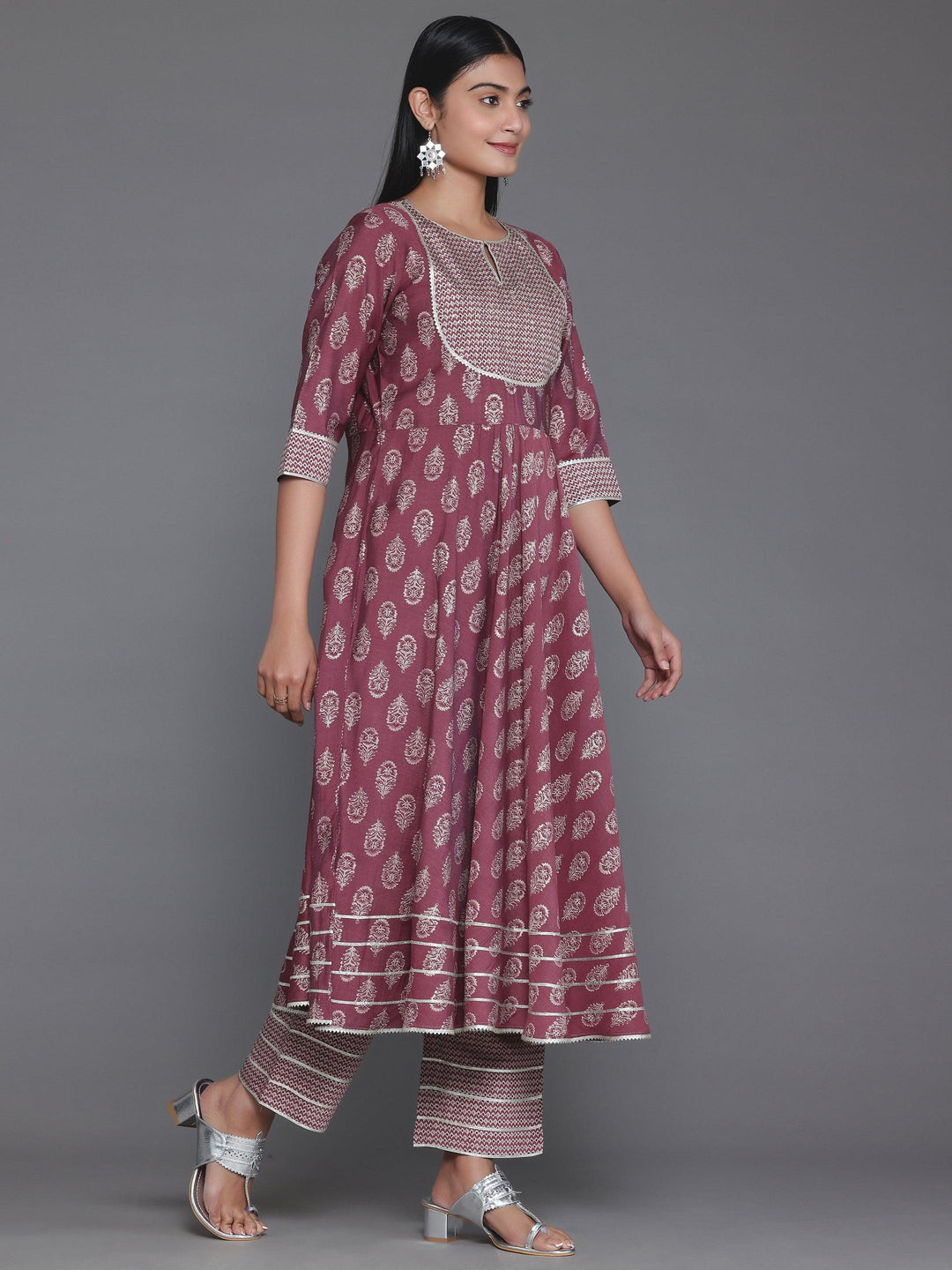 Mauve Printed Silk Blend Anarkali Suit With Dupatta - Libas