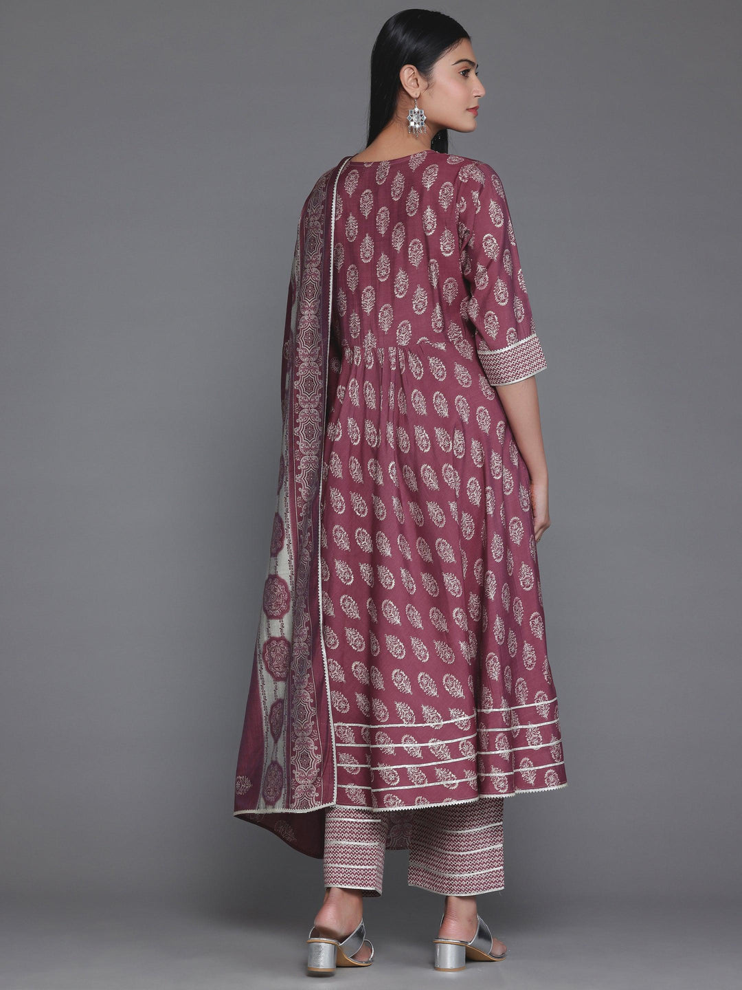 Mauve Printed Silk Blend Anarkali Suit With Dupatta - Libas 