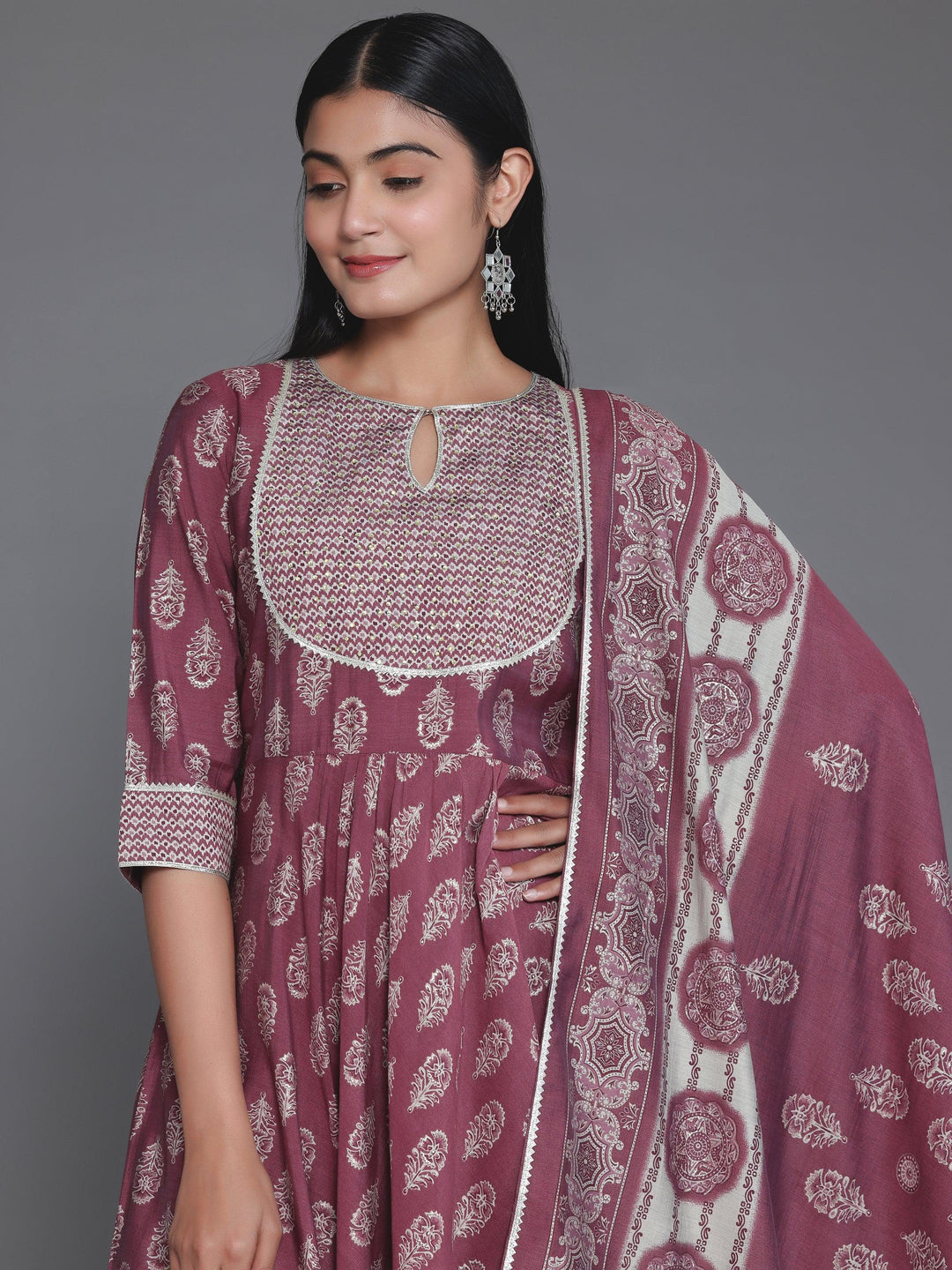 Mauve Printed Silk Blend Anarkali Suit With Dupatta - Libas