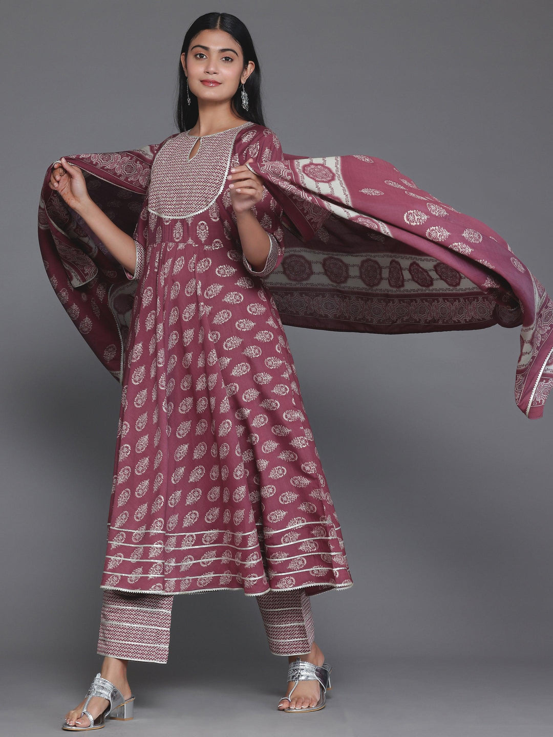 Mauve Printed Silk Blend Anarkali Suit With Dupatta - Libas 