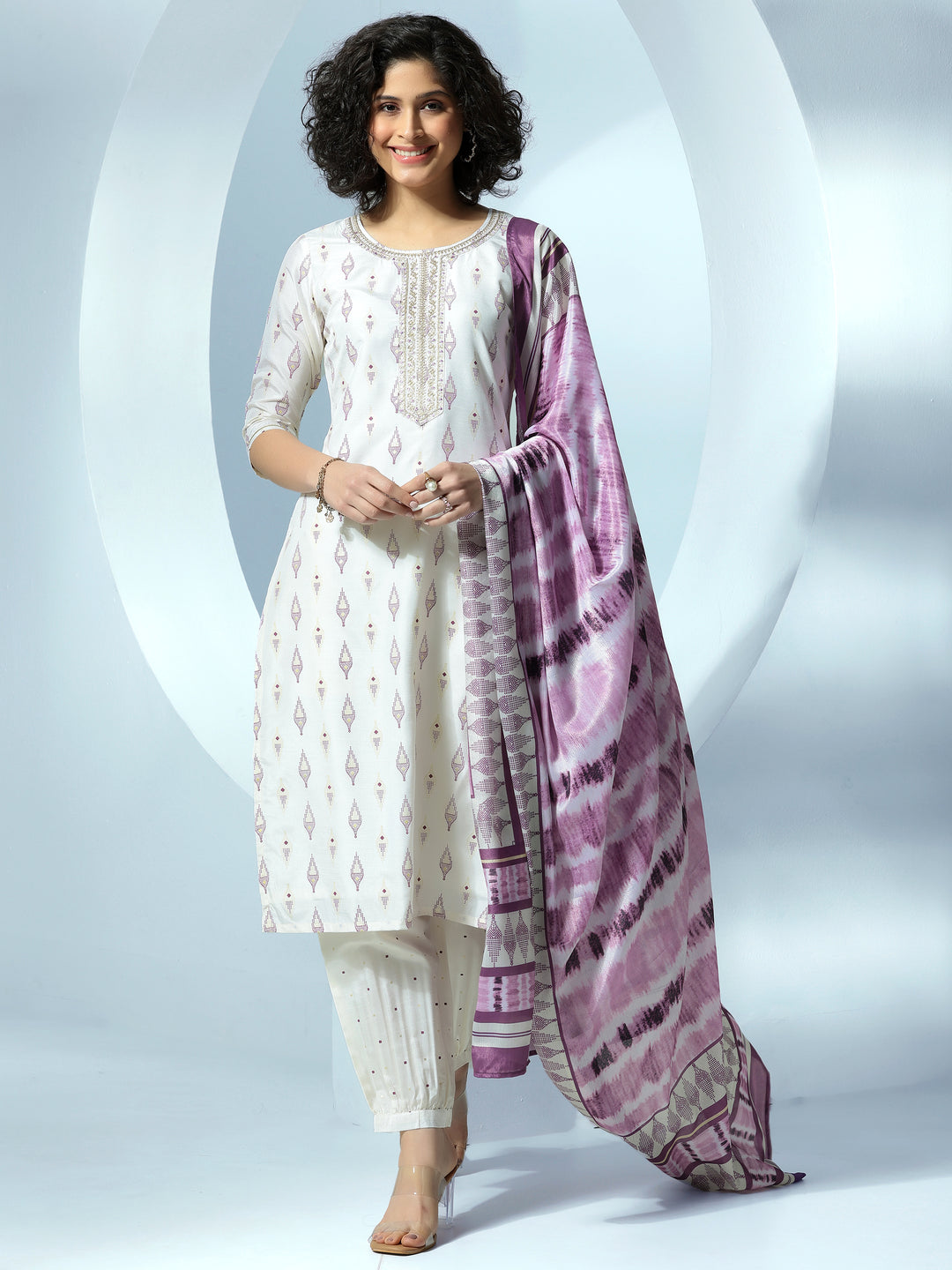  Off White Printed Silk Blend Straight Suit With Dupatta 