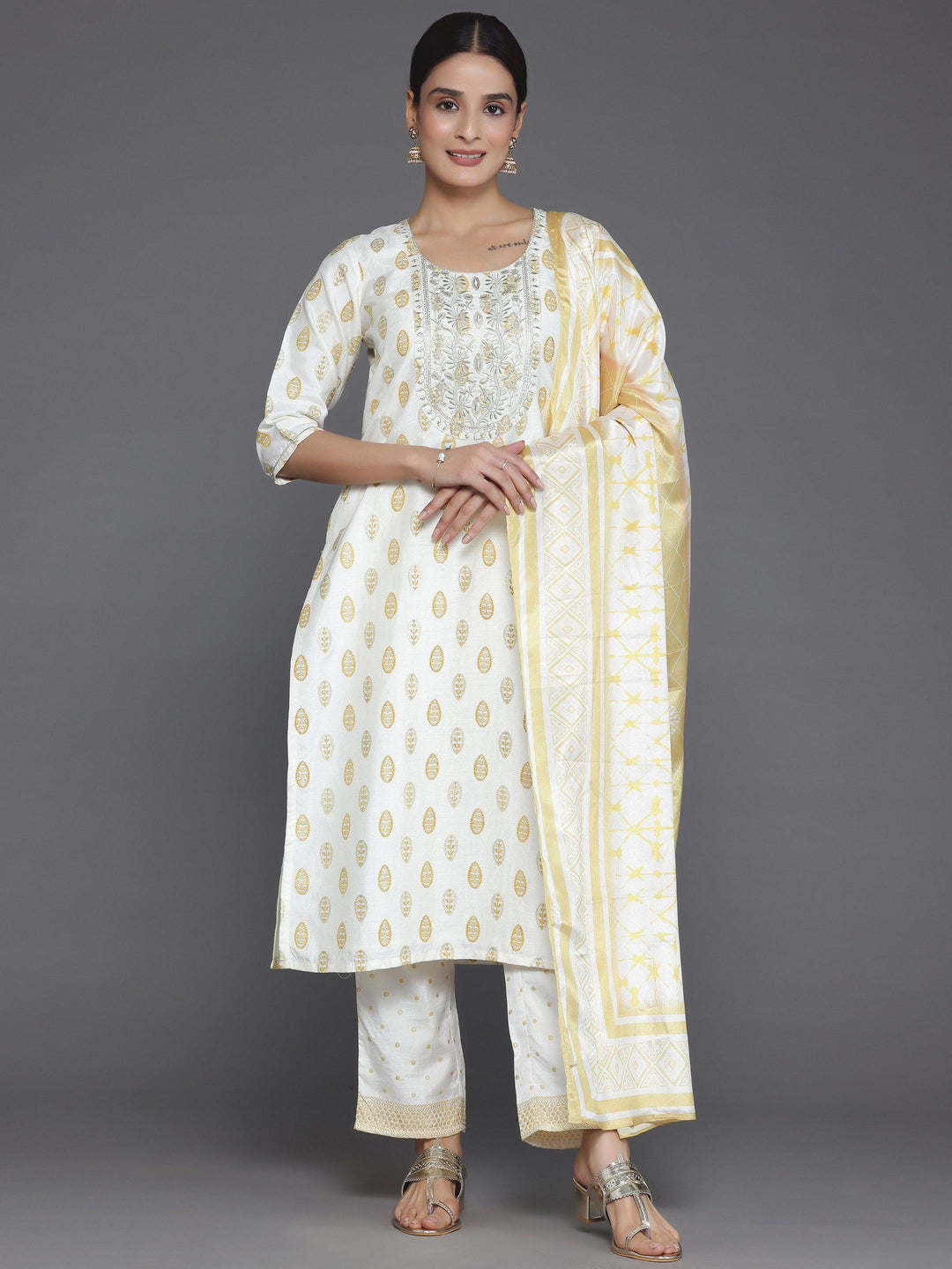 Off White Printed Silk Blend Straight Suit With Dupatta - Libas