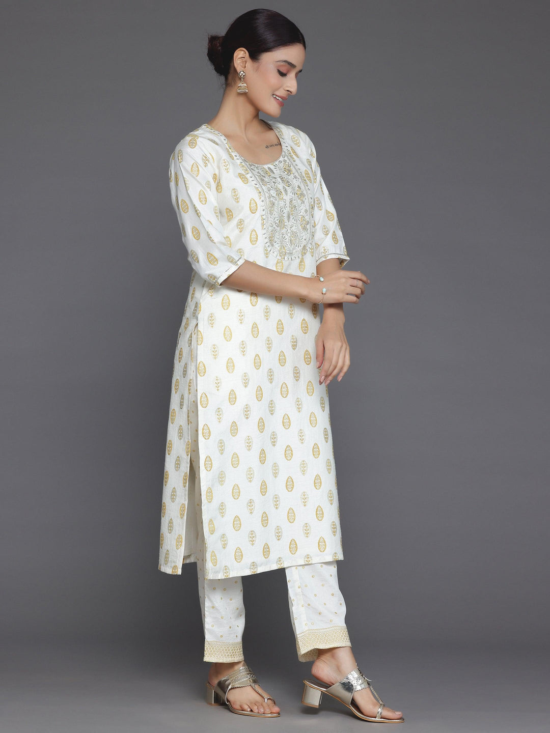 Off White Printed Silk Blend Straight Suit With Dupatta - Libas