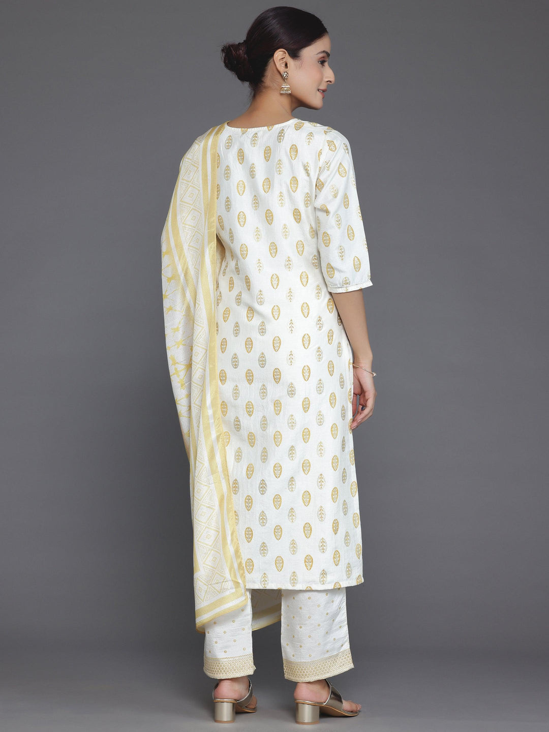 Off White Printed Silk Blend Straight Suit With Dupatta - Libas