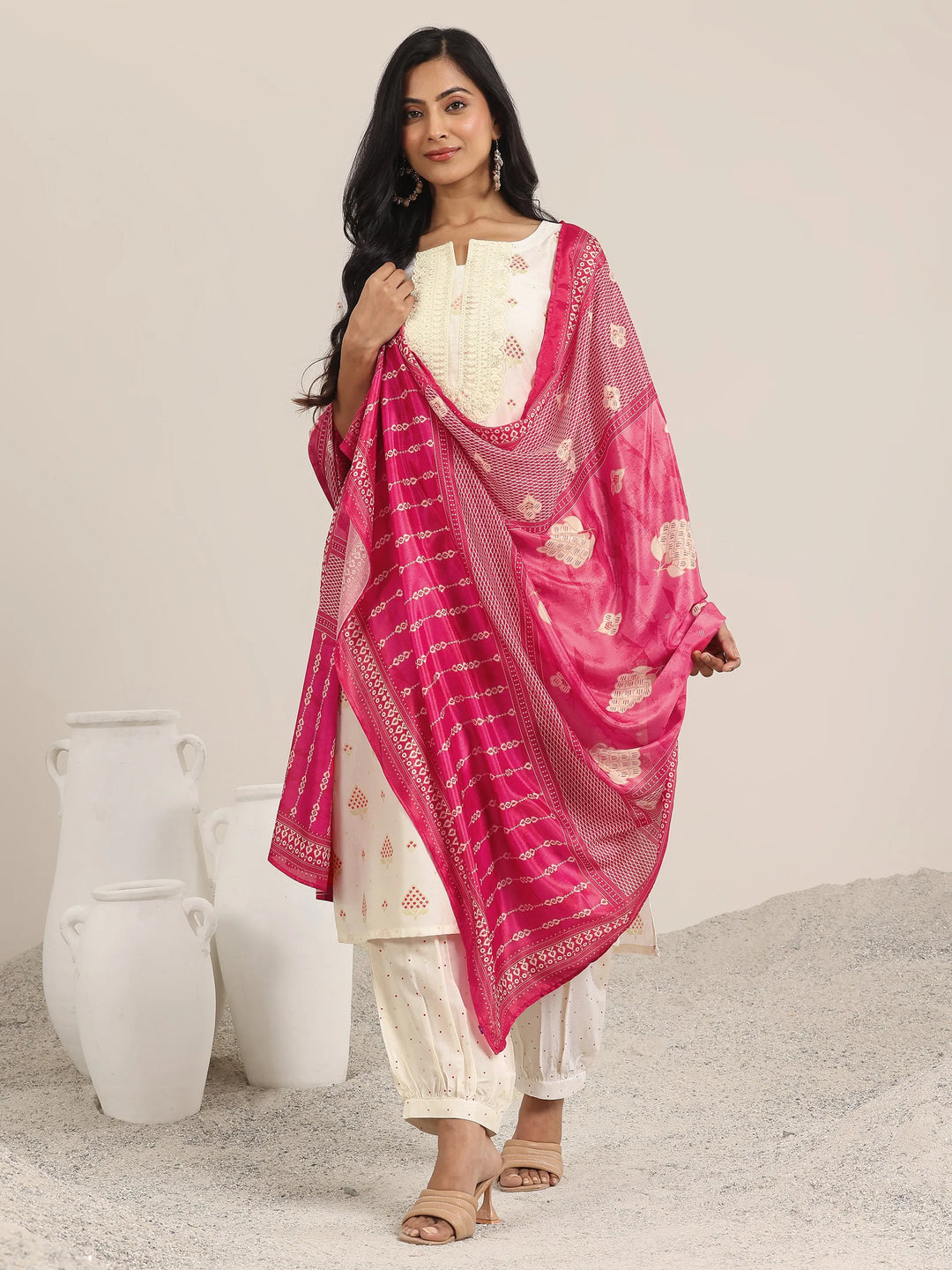  Off White Printed Silk Blend Straight Suit With Dupatta 