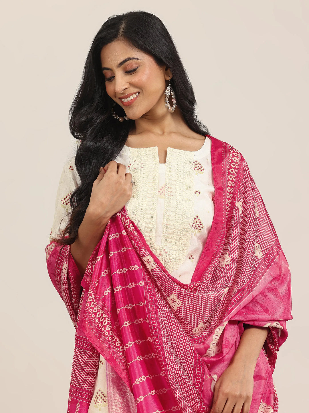  Off White Printed Silk Blend Straight Suit With Dupatta 