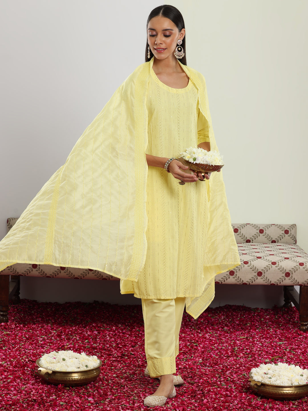 Yellow Self Design Silk Blend Straight Suit With Dupatta