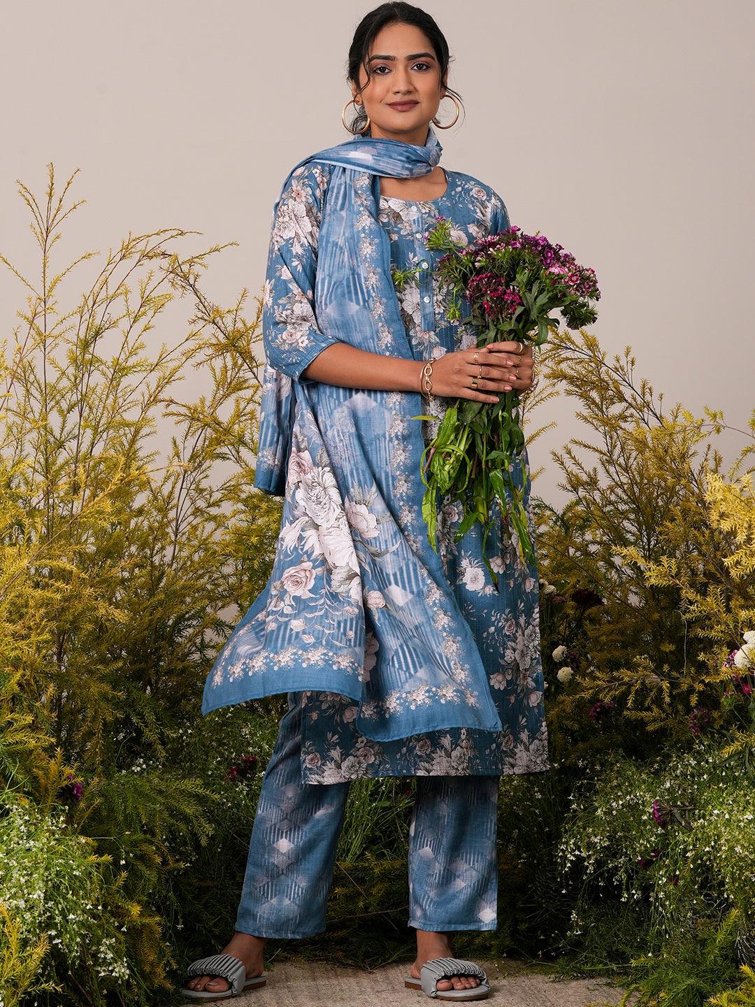 Blue Printed Cotton Straight Suit With Dupatta - Libas