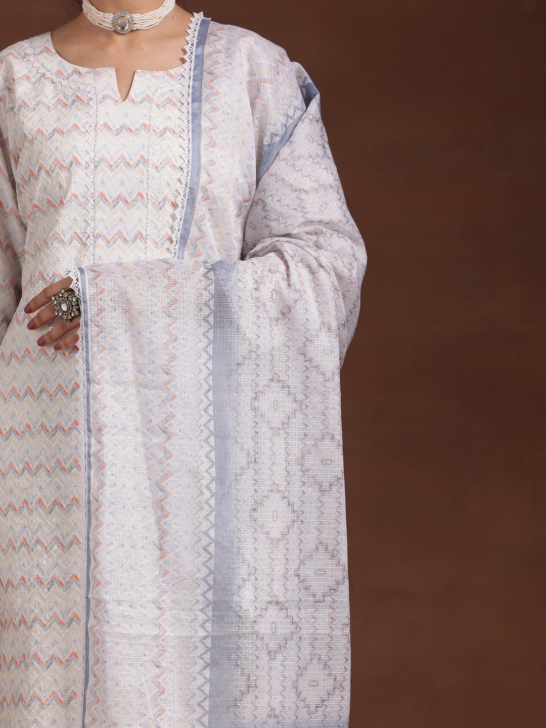 Off White Embroidered Cotton Blend Straight Suit With Dupatta - Libas 