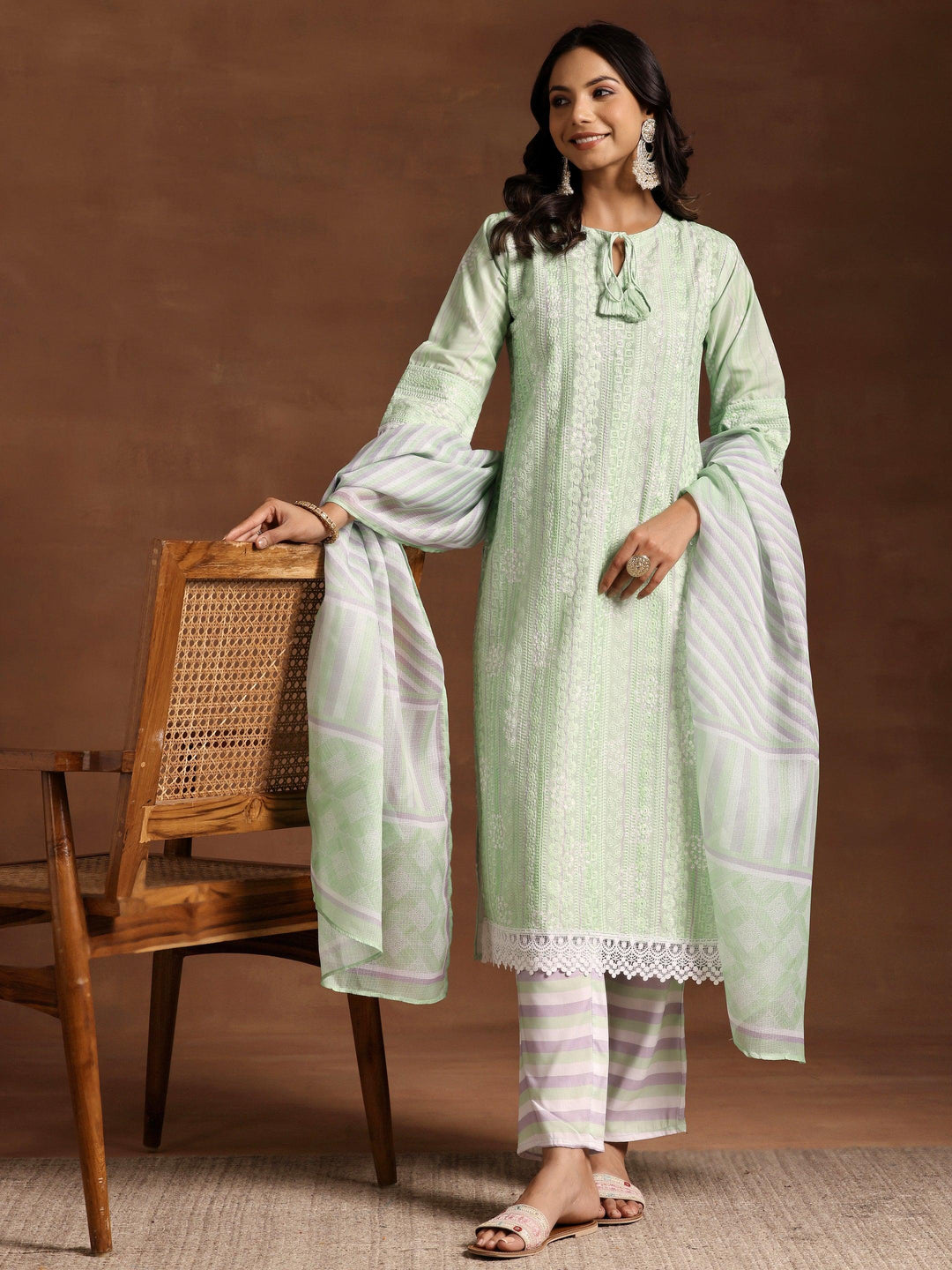 Green Embroidered Cotton Blend Straight Suit With Dupatta - Libas 