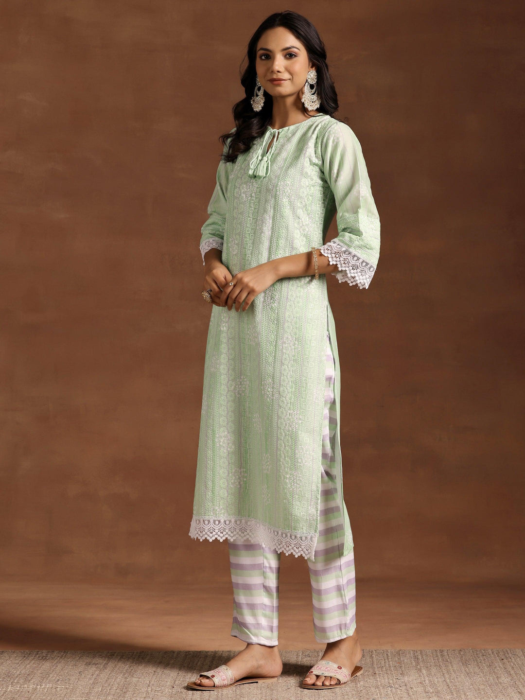 Green Embroidered Cotton Blend Straight Suit With Dupatta - Libas 