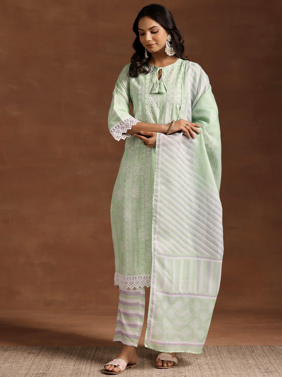 Green Embroidered Cotton Blend Straight Suit With Dupatta - Libas 