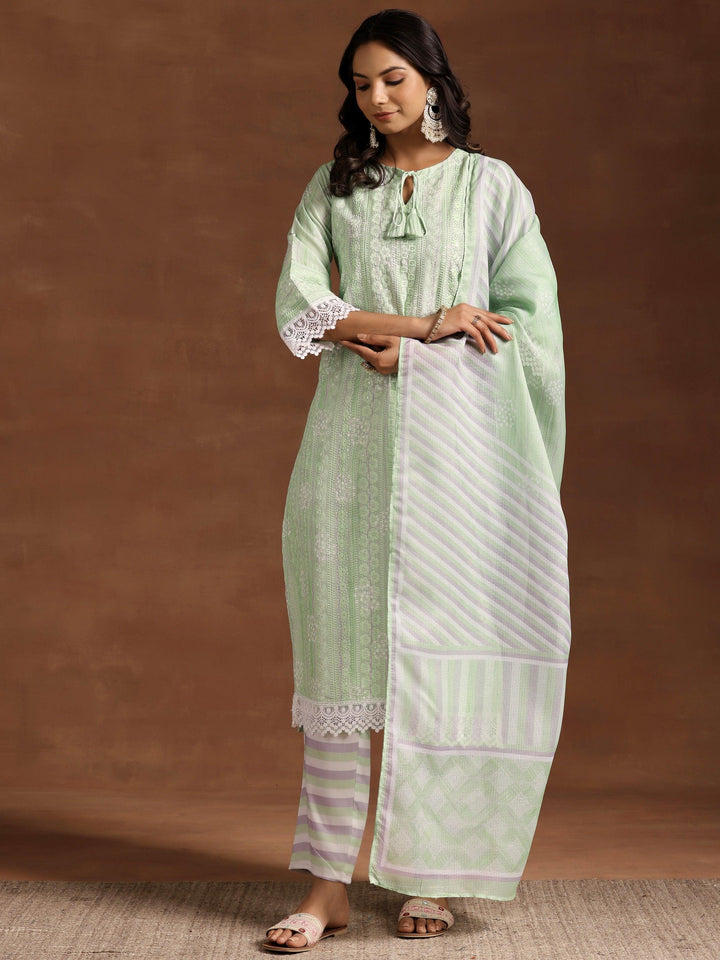 Green Embroidered Cotton Blend Straight Suit With Dupatta - Libas