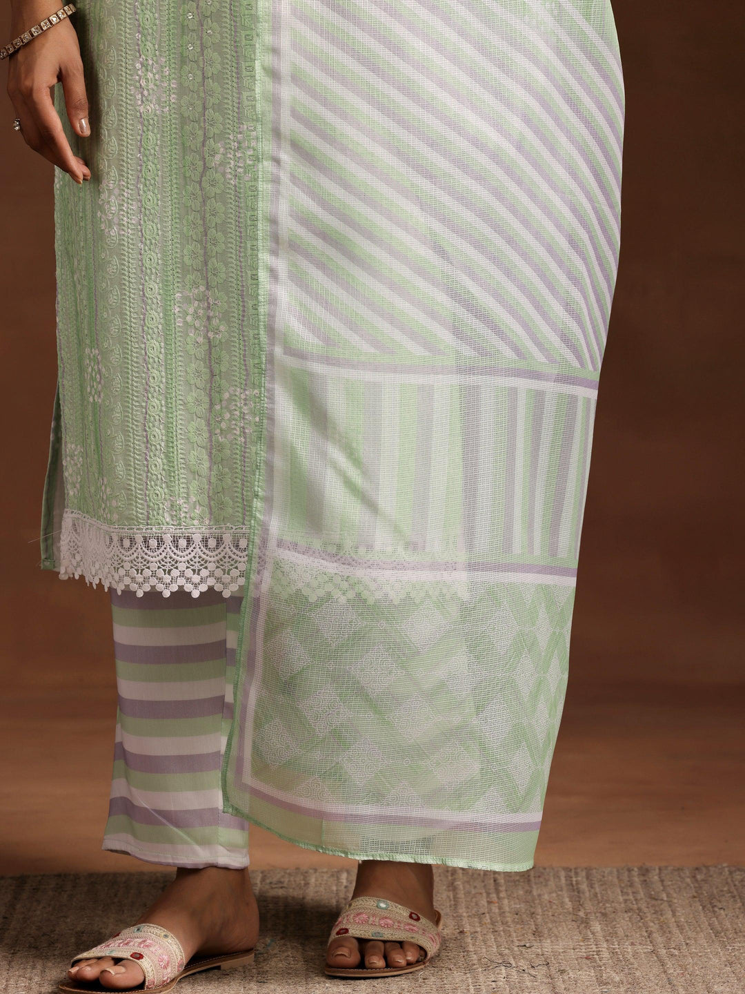 Green Embroidered Cotton Blend Straight Suit With Dupatta - Libas